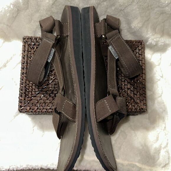 TEVA 13 Brown Original Universal Menswear Leather Canvas Velcro Straps Sandals - Picture 14 of 15